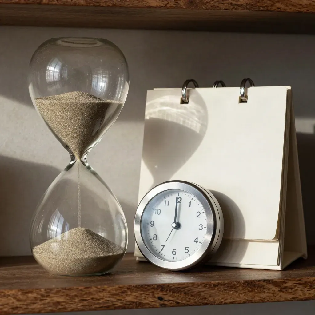 Zandloper, timer en kalenderblokken in skimmend licht op donkere houtnerf.