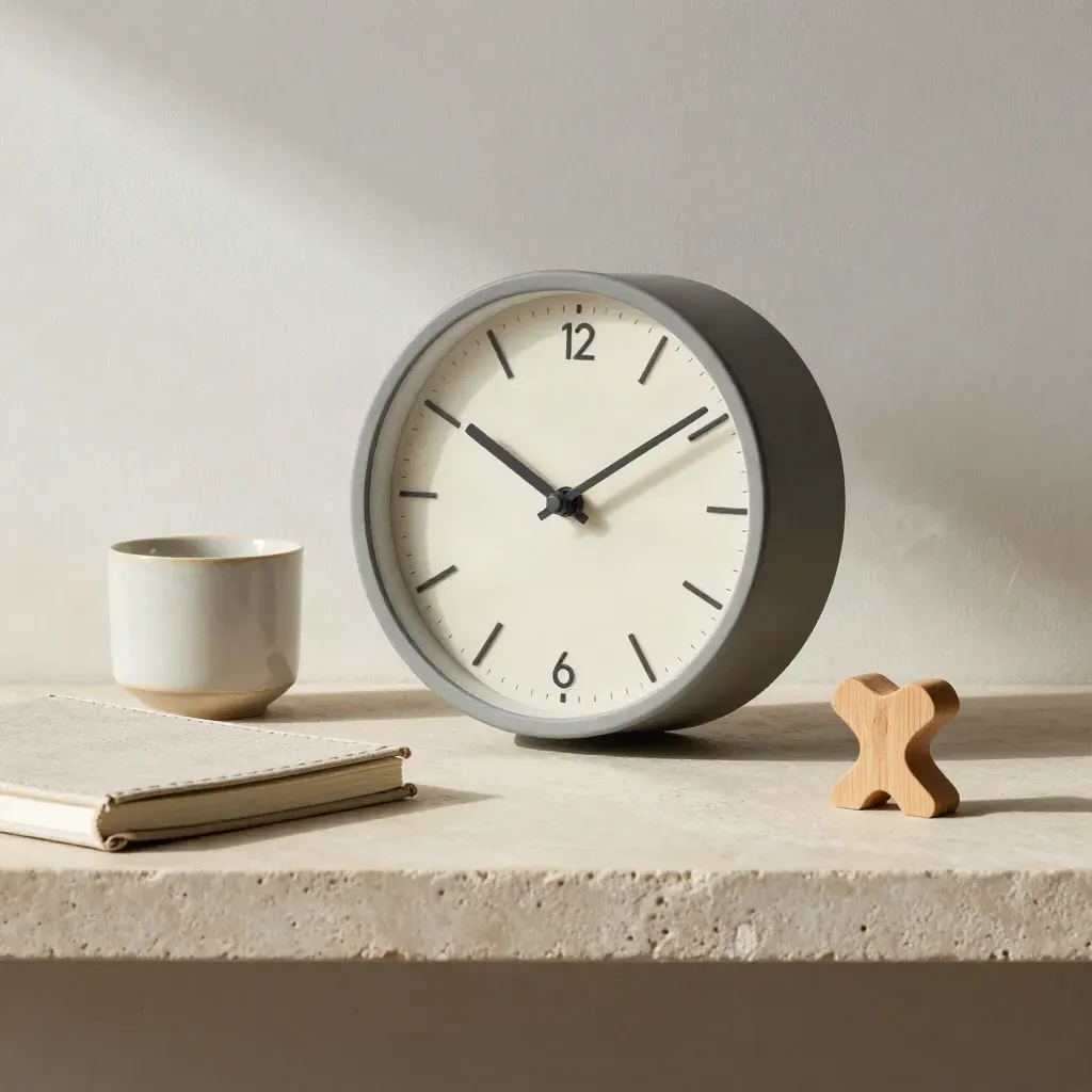 Close-up van klok, notitieboek, beker en houten object op stenen plank in zacht licht.