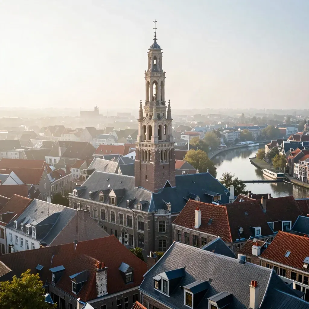 Utrecht met de Domtoren boven stille daken en mistige grachten in zacht ochtendlicht.