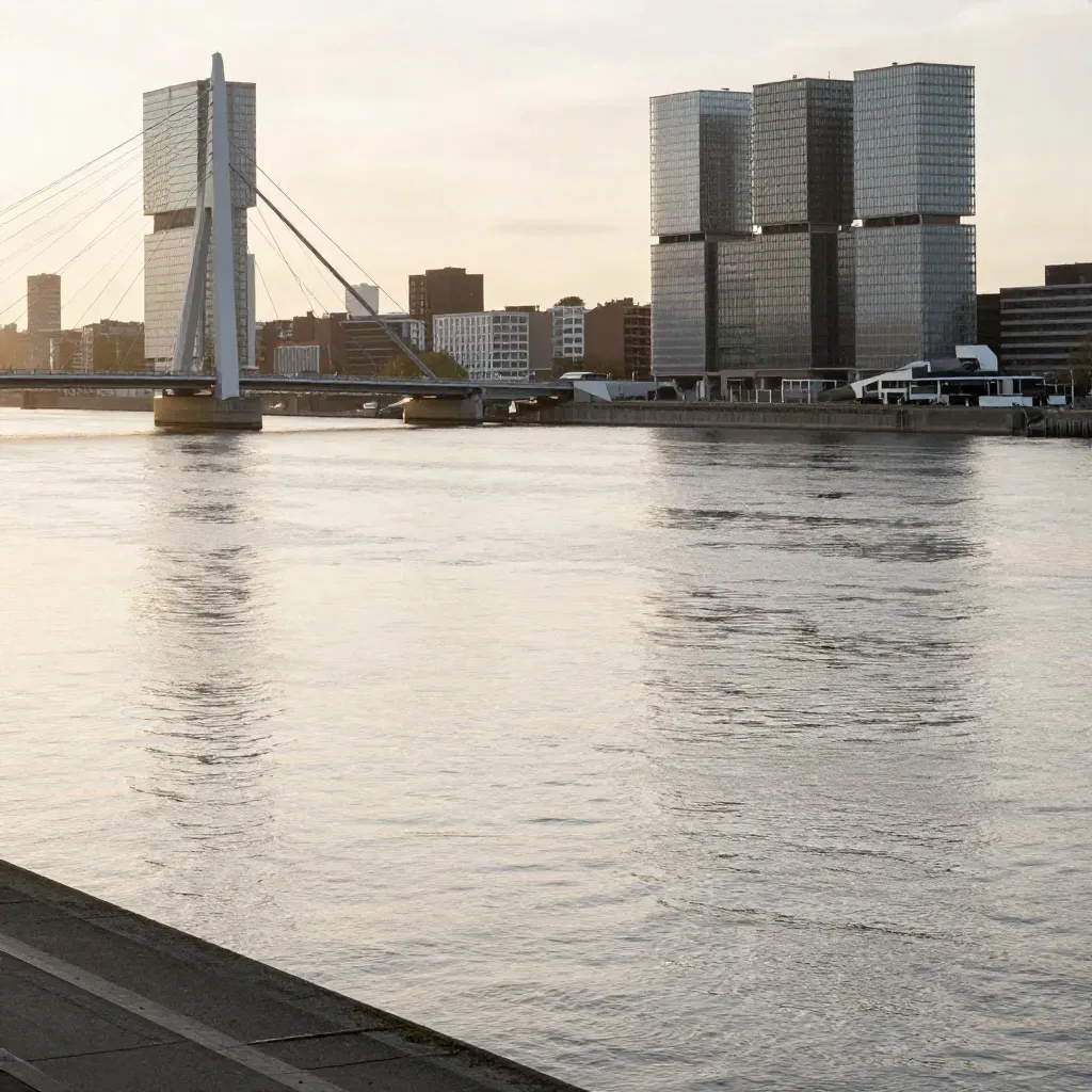 Rotterdamse skyline boven de Maas met de Erasmusbrug en warme namiddaghaze.